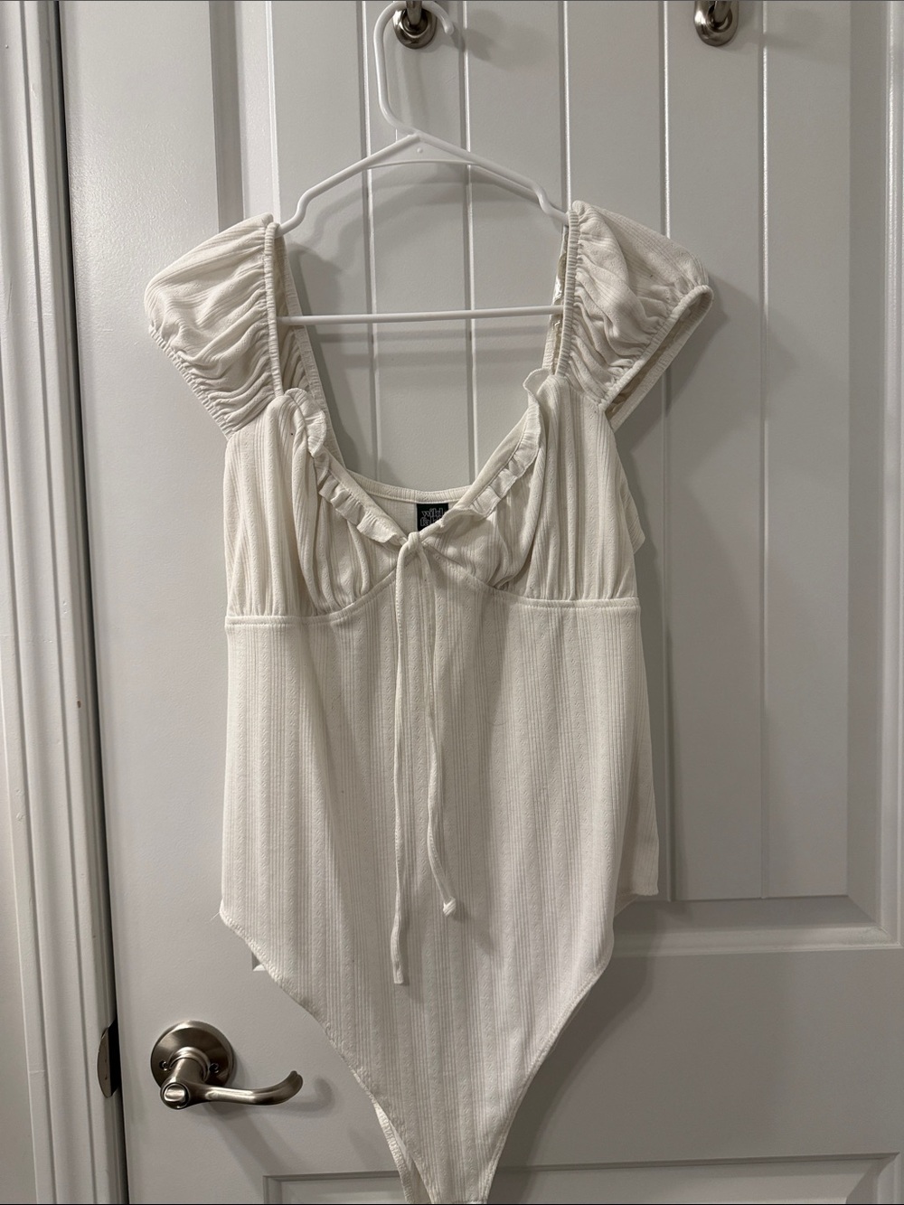 XL White Women's Ribbed Tie-Front Bodysuit